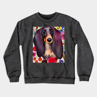 Dachshund Dog Puppy Whimsical Portrait Hiding in Wildflowers Secret Garden Digital Art Watercolor Painting Crewneck Sweatshirt